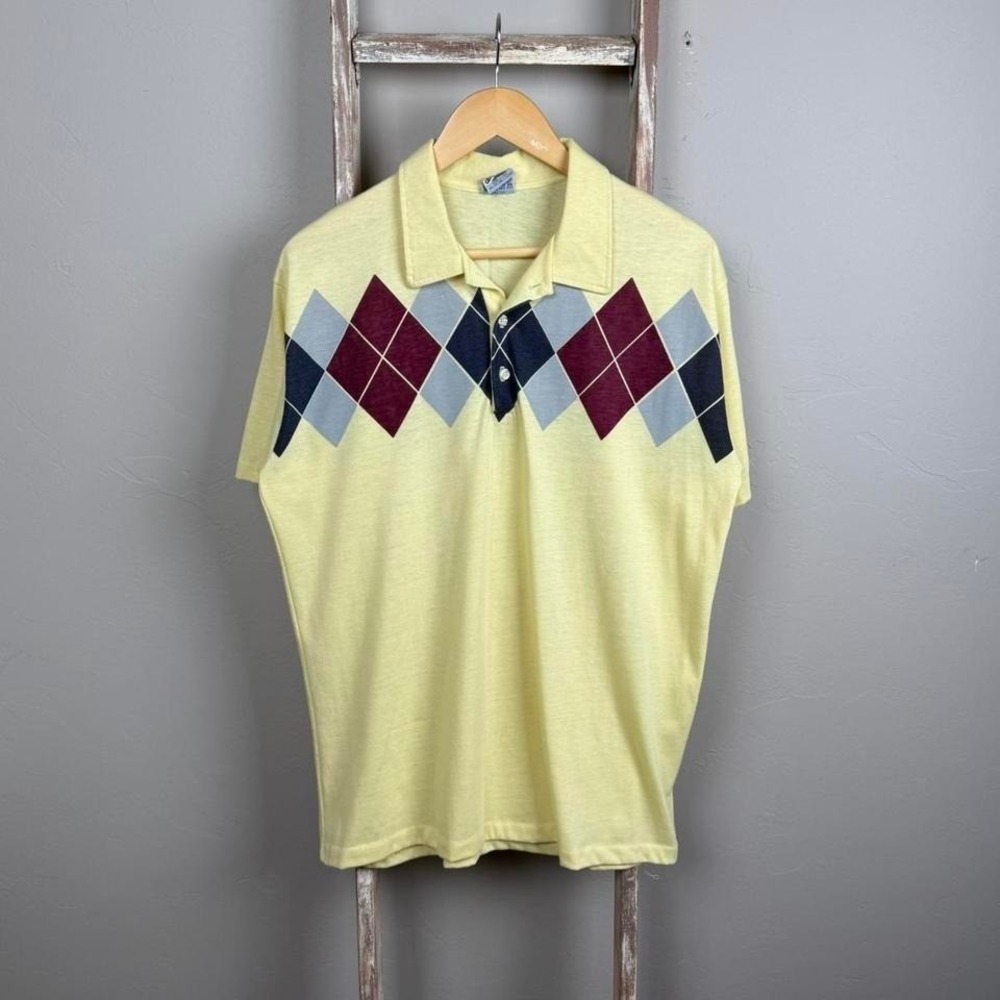 Vintage 70s Campus Yellow Diamond Polo Collared Shortsleeve Shirt XL